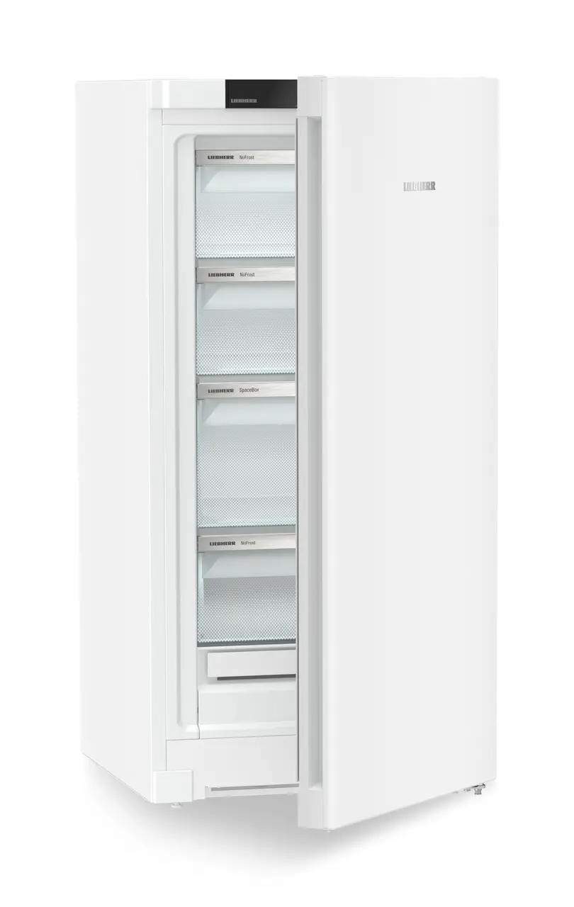 Produkt-Bild, Perspektive: schräg halb offen leer, Standgefrierschrank mit NoFrost, Gehäusefarbe: Weiß, Türfarbe: Weiß