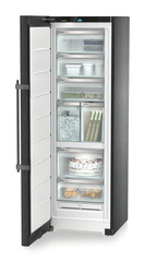 Product image, Perspective: oblique open decorated, Freestanding freezer with NoFrost and IceTower, Casing colour: BlackSteel, Door colour: BlackSteel