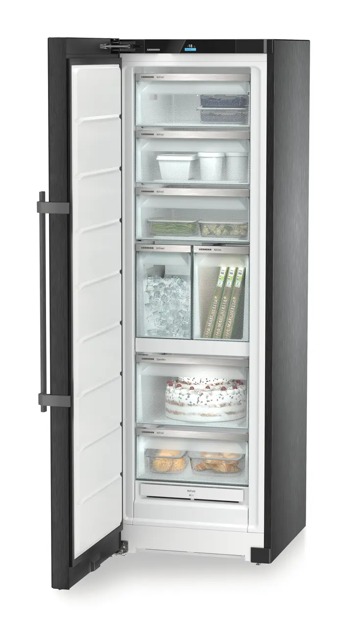Product image, Perspective: oblique open decorated, Freestanding freezer with NoFrost and IceTower, Casing colour: BlackSteel, Door colour: BlackSteel