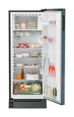 Product image, Perspective: straight open decorated, Single-door fridge 222 l in 4 star with foot pedal base drawer, Casing colour: grey, Door colour: Teal Strings
