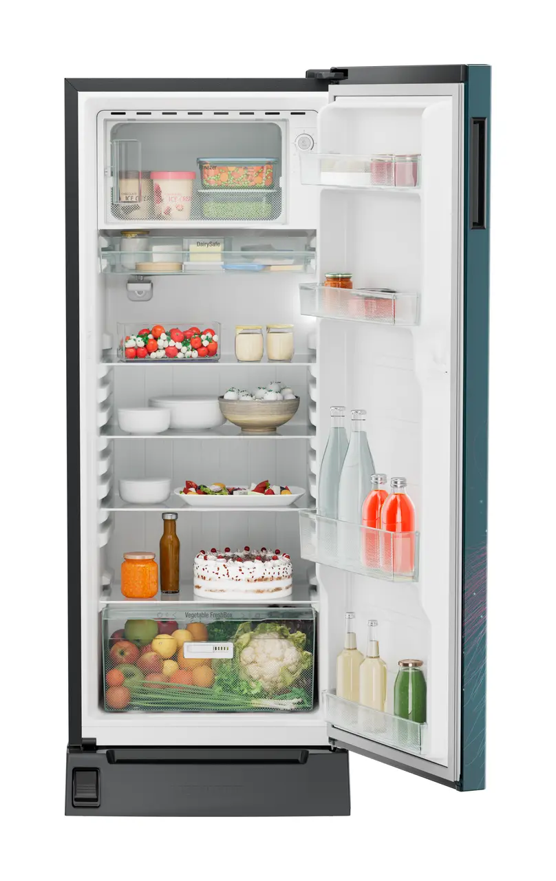 Product image, Perspective: straight open decorated, Single-door refrigerator 222 l in 5 star with foot pedal base drawer, Casing colour: grey, Door colour: Teal Strings