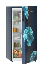 Product image, Perspective: oblique half-open decorated, Single-door refrigerator 191 l in 3 star with VegFresh box, Casing colour: blue, Door colour: Blue Divine
