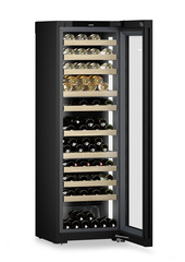 Product image, Perspective: oblique open decorated, Multi-temperature wine cabinet, Casing colour: BlackSteel, Door colour: GlassBlack