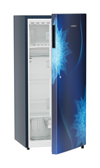 Product image, Perspective: oblique half-open empty, Single-door refrigerator 202 l in 5 star with inverter compressor, Casing colour: blue, Door colour: Blue Mystiq