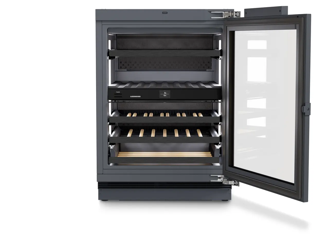 Изображение продукции, Перспектива: Прямо, с открытой дверцей, без продуктов, Винный холодильник подходит для установки под столешницей для темперирования вина., Цвет корпуса: Антрацит, Цвет дверцы: Антрацит
