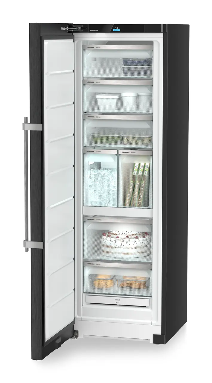 Produkt-Bild, Perspektive: schräg offen dekoriert, Standgefrierschrank mit NoFrost, Gehäusefarbe: BlackSteel, Türfarbe: BlackSteel
