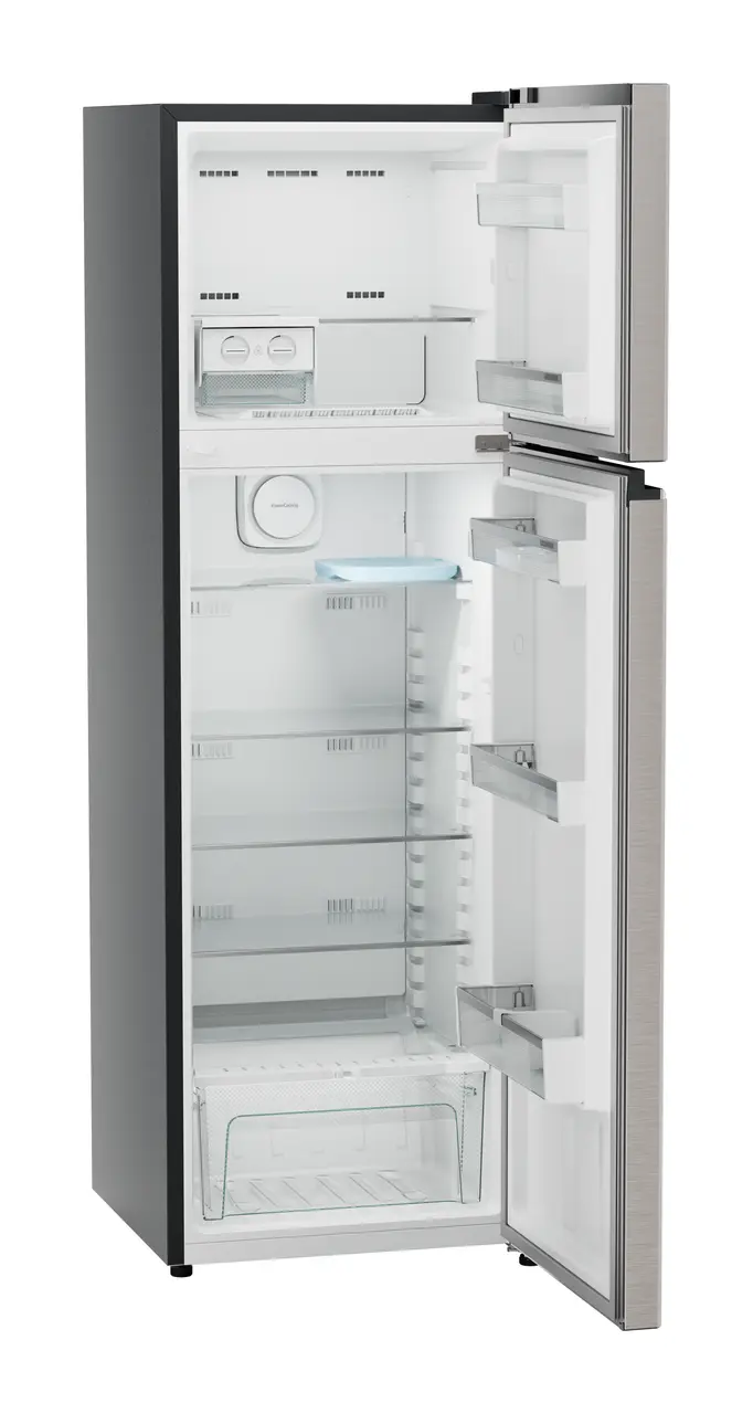 Product image, Perspective: oblique open empty, Fridge-freezer with NoFrost, Casing colour: grey, Door colour: Grey Steel