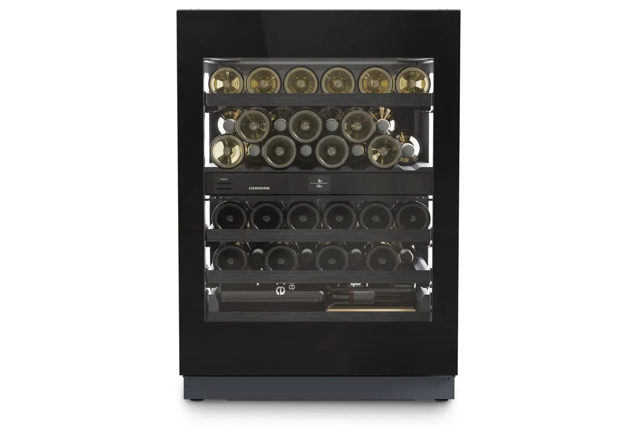 Изображение на продукта, Перспектива: Отпред, затворен, отворен с продукти, Хладилник за вино, подходящ за монтаж под плота, за темпериране на вино, Цвят на корпуса: Антрацит