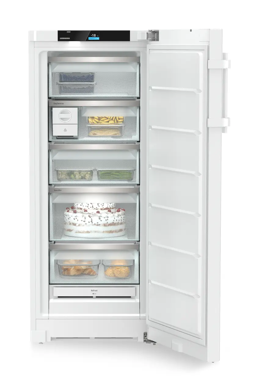 Produkt-Bild, Perspektive: gerade offen dekoriert, Standgefrierschrank mit NoFrost und EasyTwist-Ice, Gehäusefarbe: Weiß, Türfarbe: Weiß