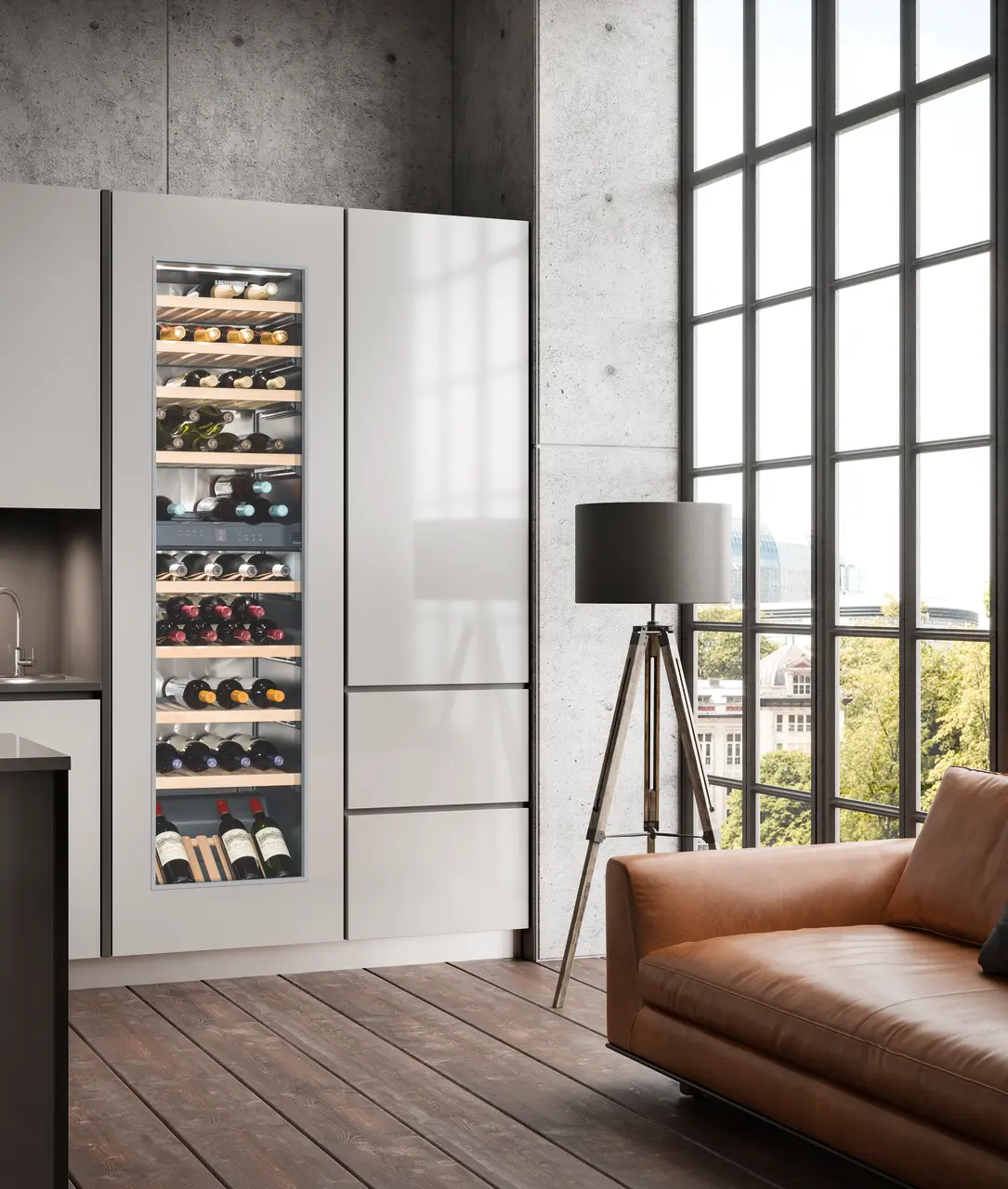Product image, Perspective: milieu, Built-in multi-temperature wine cabinet, Casing colour: silver, Door colour: silver