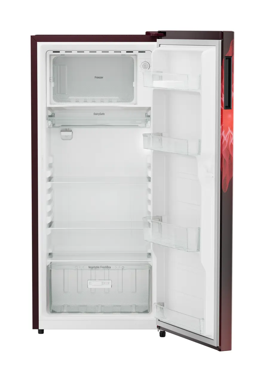 Product image, Perspective: straight open empty, Single-door refrigerator 202 l in 3 star with VegFresh box, Casing colour: red, Door colour: Red Mystiq