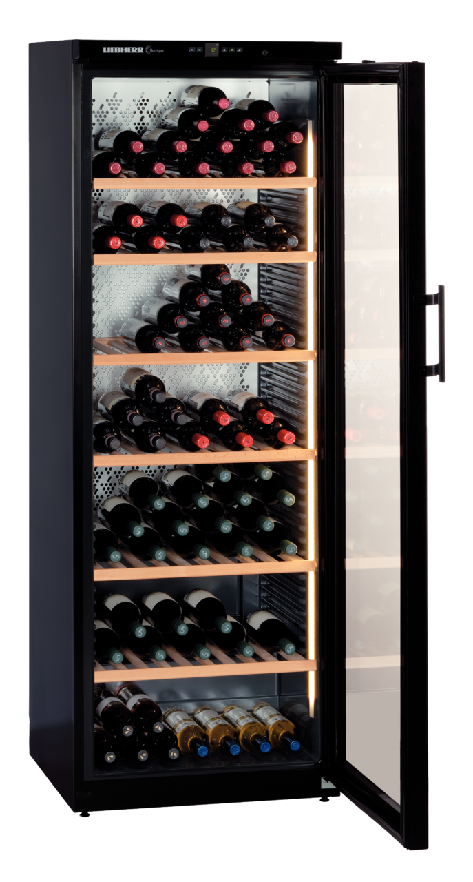 Product image, Perspective: oblique open decorated, Wine storage cabinet, Casing colour: black, Door colour: black
