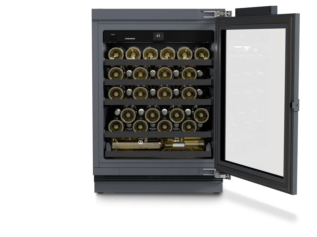 Product image, Perspective: straight open decorated, Wine fridge suitable for undercounter installation for wine tempering, Casing colour: Anthracite, Door colour: Anthracite