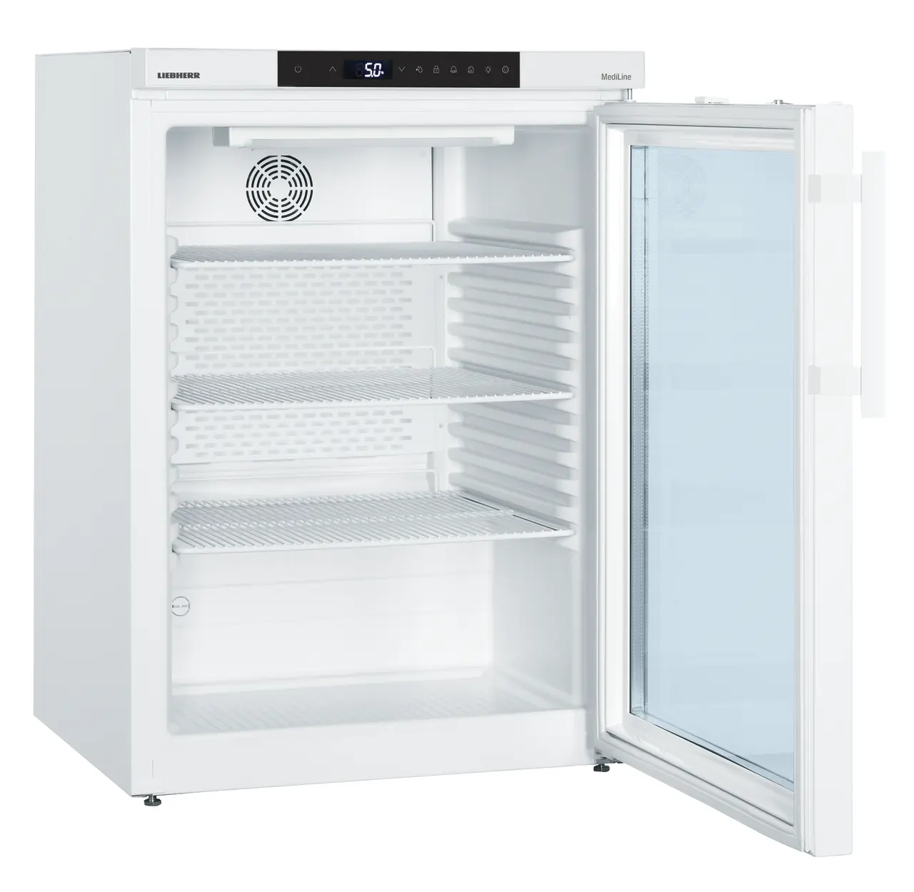 Product image, Perspective: oblique open empty, Pharmacy refrigerator with Comfort controller, Casing colour: white