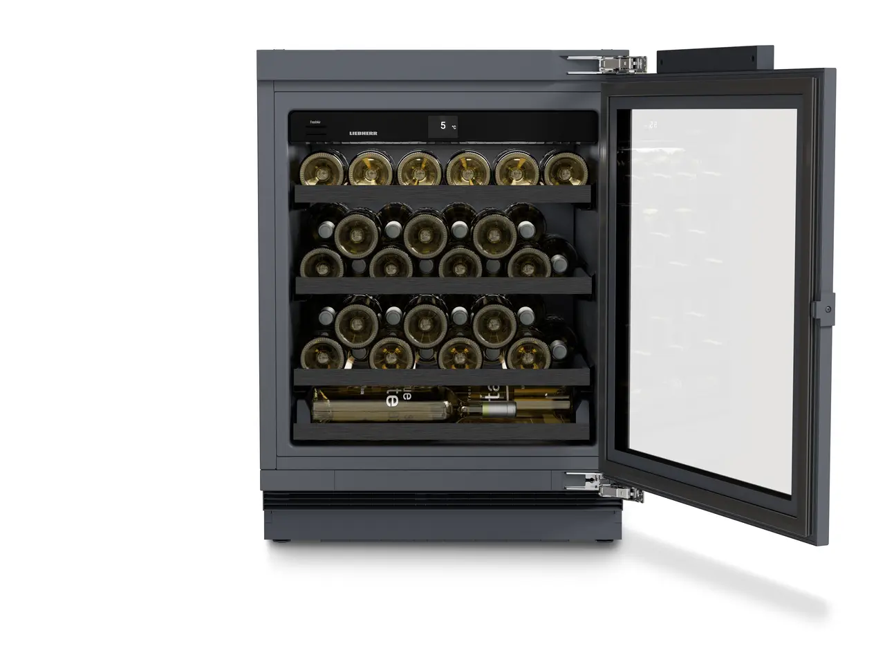 Product image, Perspective: straight open decorated, Wine fridge suitable for undercounter installation for wine tempering, Casing colour: Anthracite, Door colour: Anthracite