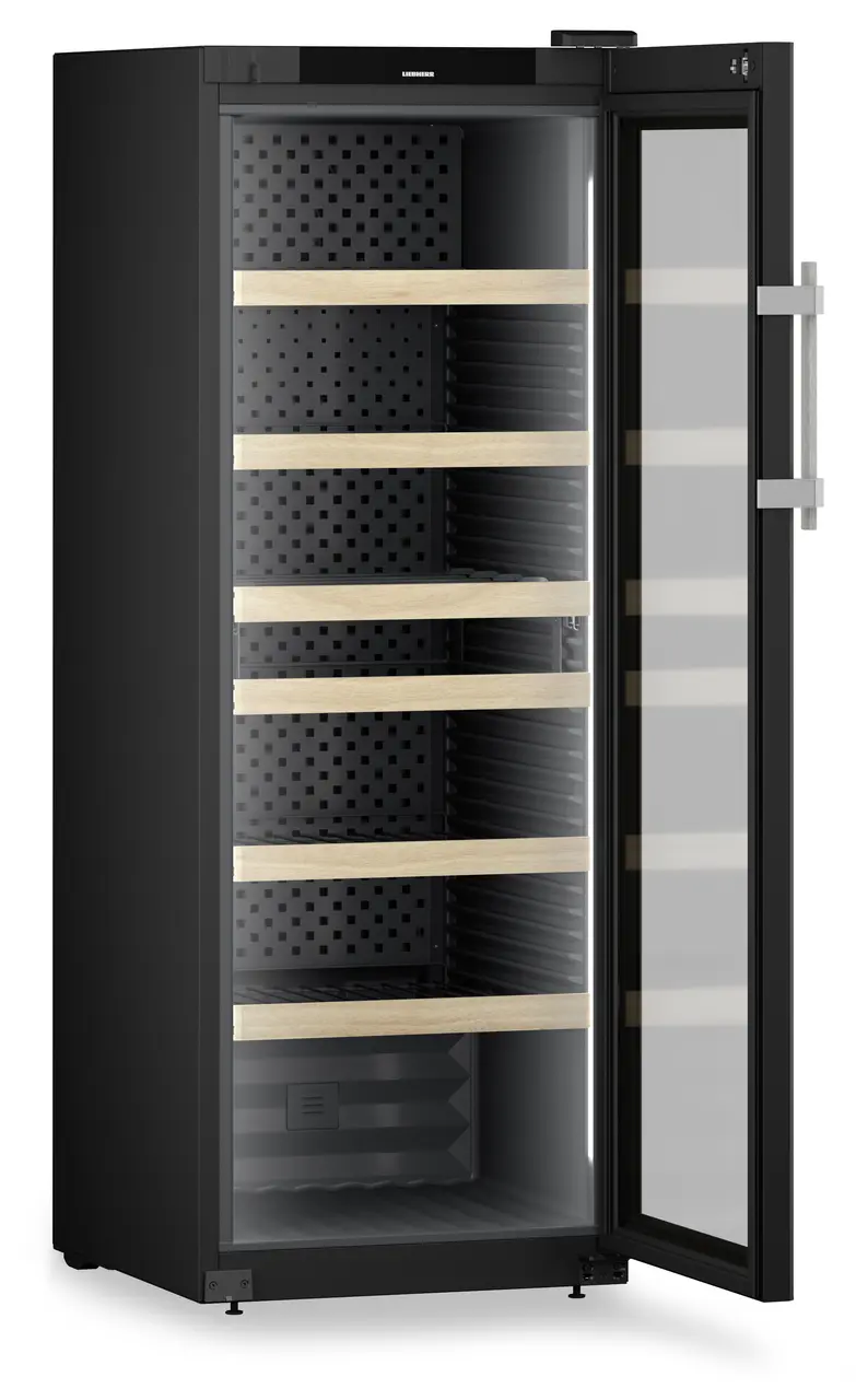 Produkt-Bild, Perspektive: schräg offen leer, Weinschrank Professional, Gehäusefarbe: Schwarz, Türfarbe: Schwarz