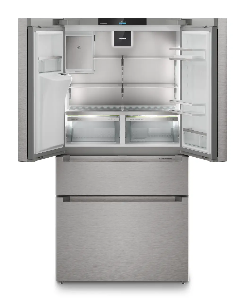 Image de produit, Perspective: Droit ouvert vide, Réfrigérateur-congélateur FrenchDoor avec 2 tiroirs de congélation et distributeur d'eau et glaçons, Couleur de porte: acier inox