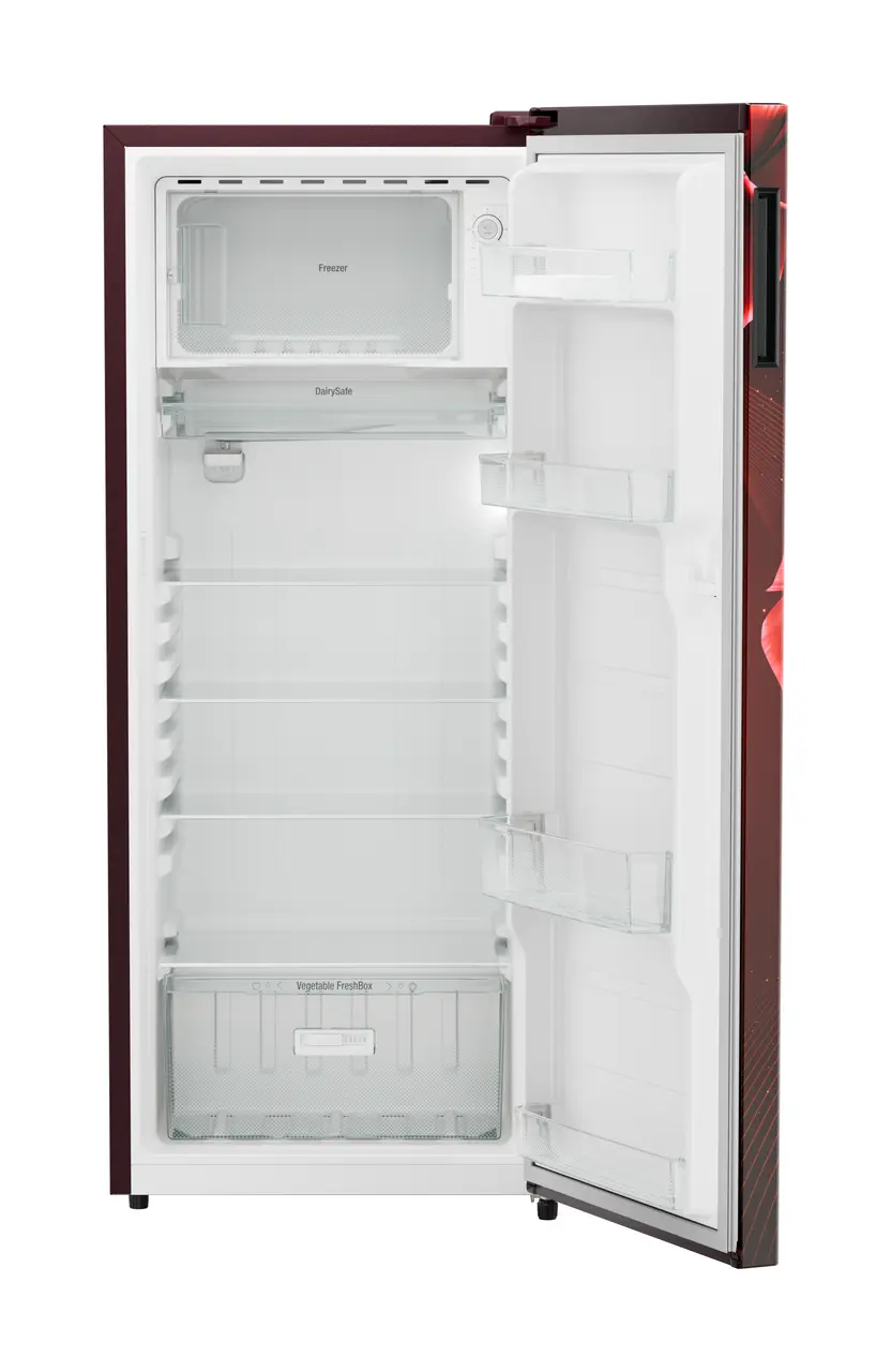 Product image, Perspective: straight open empty, Single-door refrigerator 222 l in 3 star with VegFresh box, Casing colour: red, Door colour: Red Divine