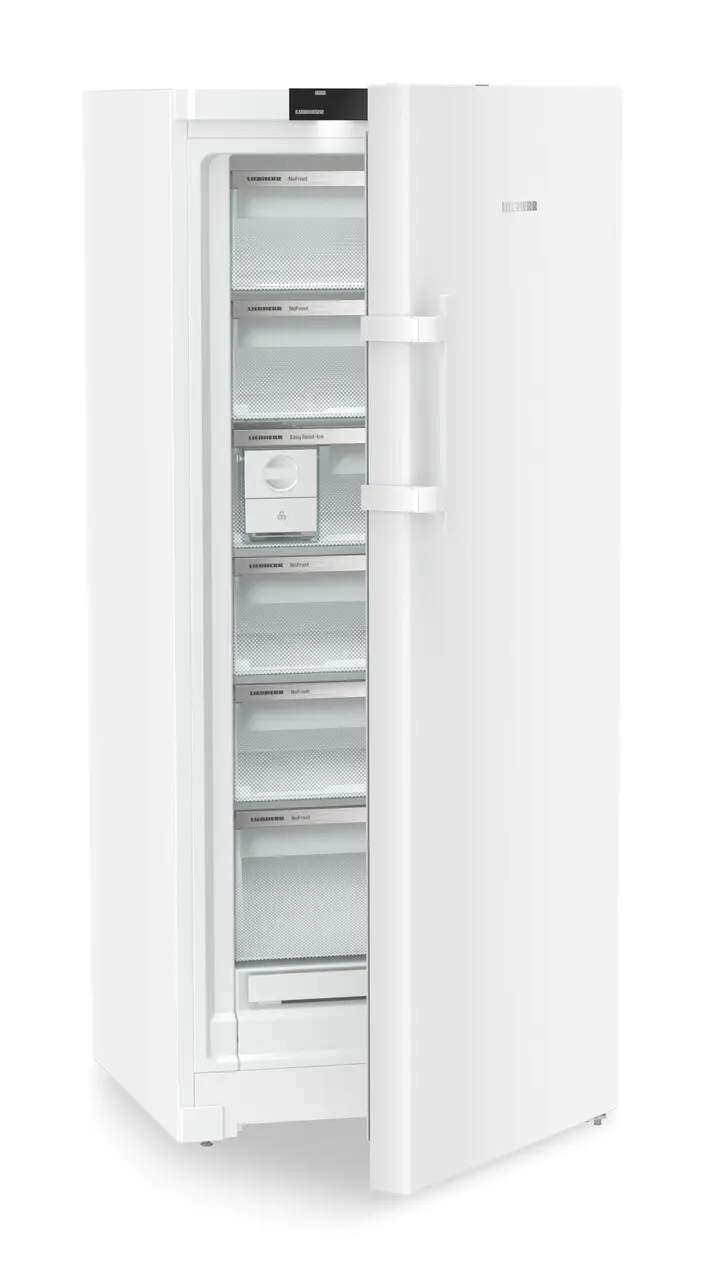 Produktbillede, Perspektiv: Skrå halvåben tom, Fritstående fryseskab med NoFrost og EasyTwist-Ice, Kabinetfarve: Hvid, Dørfarve: Hvid
