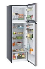 Product image, Perspective: oblique open decorated, Fridge-freezer with NoFrost, Casing colour: grey, Door colour: Grey Steel