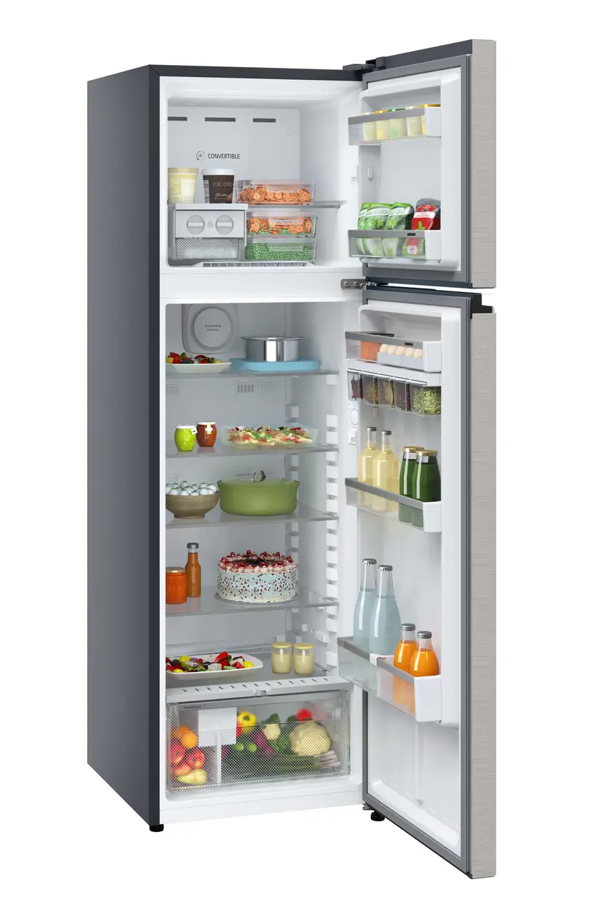 Product image, Perspective: oblique open decorated, Fridge-freezer with NoFrost, Casing colour: grey, Door colour: Grey Steel
