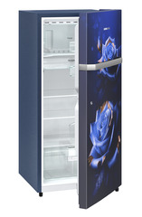 Product image, Perspective: oblique half-open empty, Single-door refrigerator 191 l in 3 star and horizontal handle, Casing colour: blue, Door colour: Blue Rosette