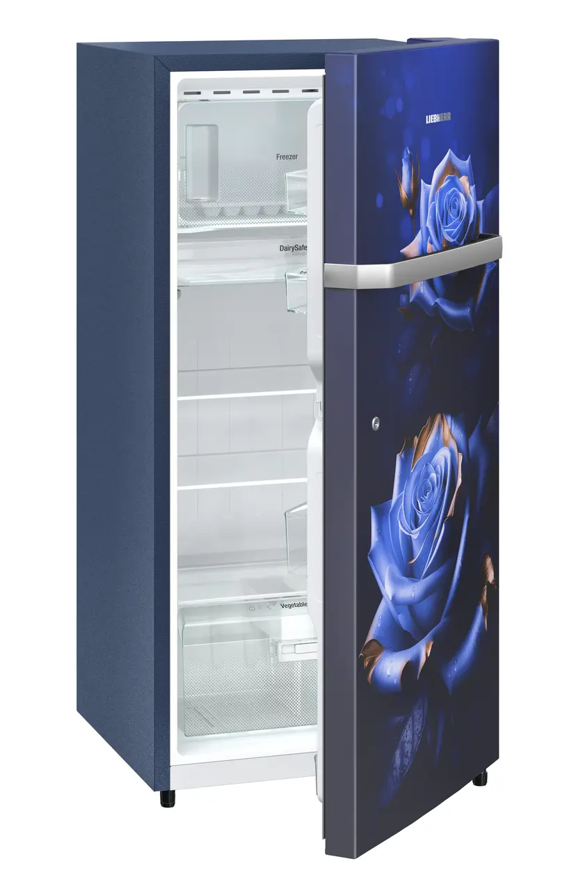Product image, Perspective: oblique half-open empty, Single-door refrigerator 191 l in 3 star and horizontal handle, Casing colour: blue, Door colour: Blue Rosette