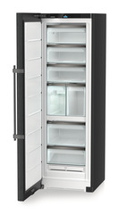 Produkt-Bild, Perspektive: schräg offen leer, Standgefrierschrank mit NoFrost und IceTower, Gehäusefarbe: BlackSteel, Türfarbe: BlackSteel