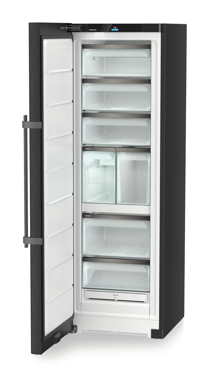 Produkt-Bild, Perspektive: schräg offen leer, Standgefrierschrank mit NoFrost und IceTower, Gehäusefarbe: BlackSteel, Türfarbe: BlackSteel