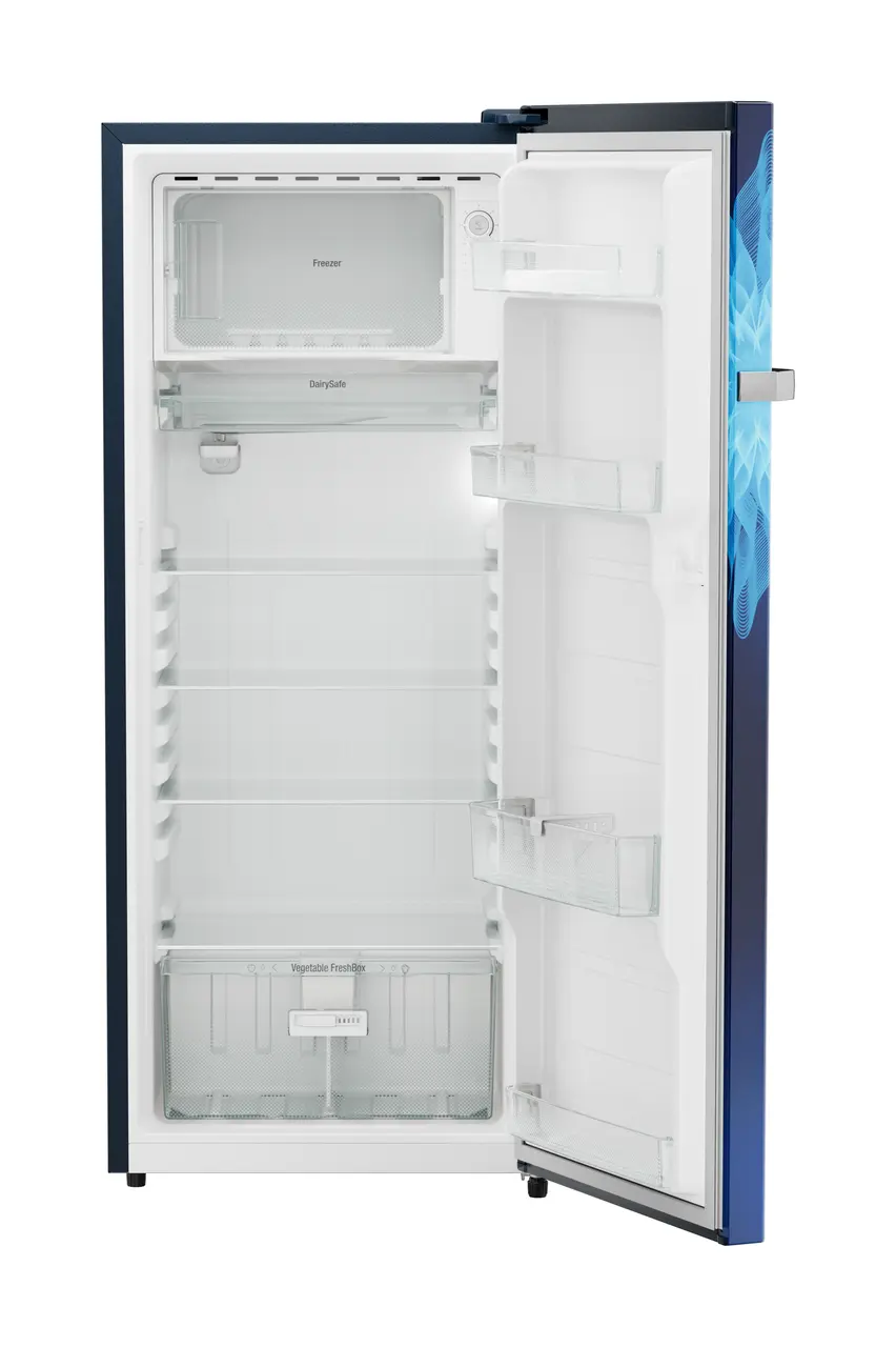 Product image, Perspective: straight open empty, Single-door refrigerator 222 l in 3 star and horizontal handle, Casing colour: blue, Door colour: Blue Mystiq