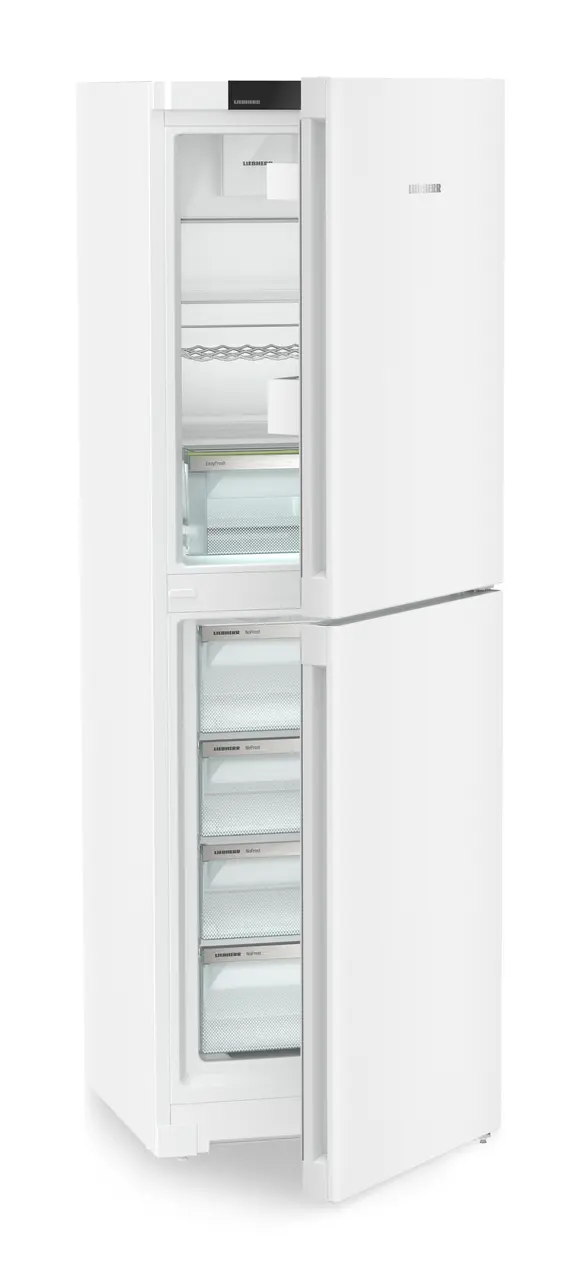 Produktbillede, Perspektiv: Skrå halvåben tom, Køle-frysekombination med EasyFresh og NoFrost, Kabinetfarve: Hvid, Dørfarve: Hvid