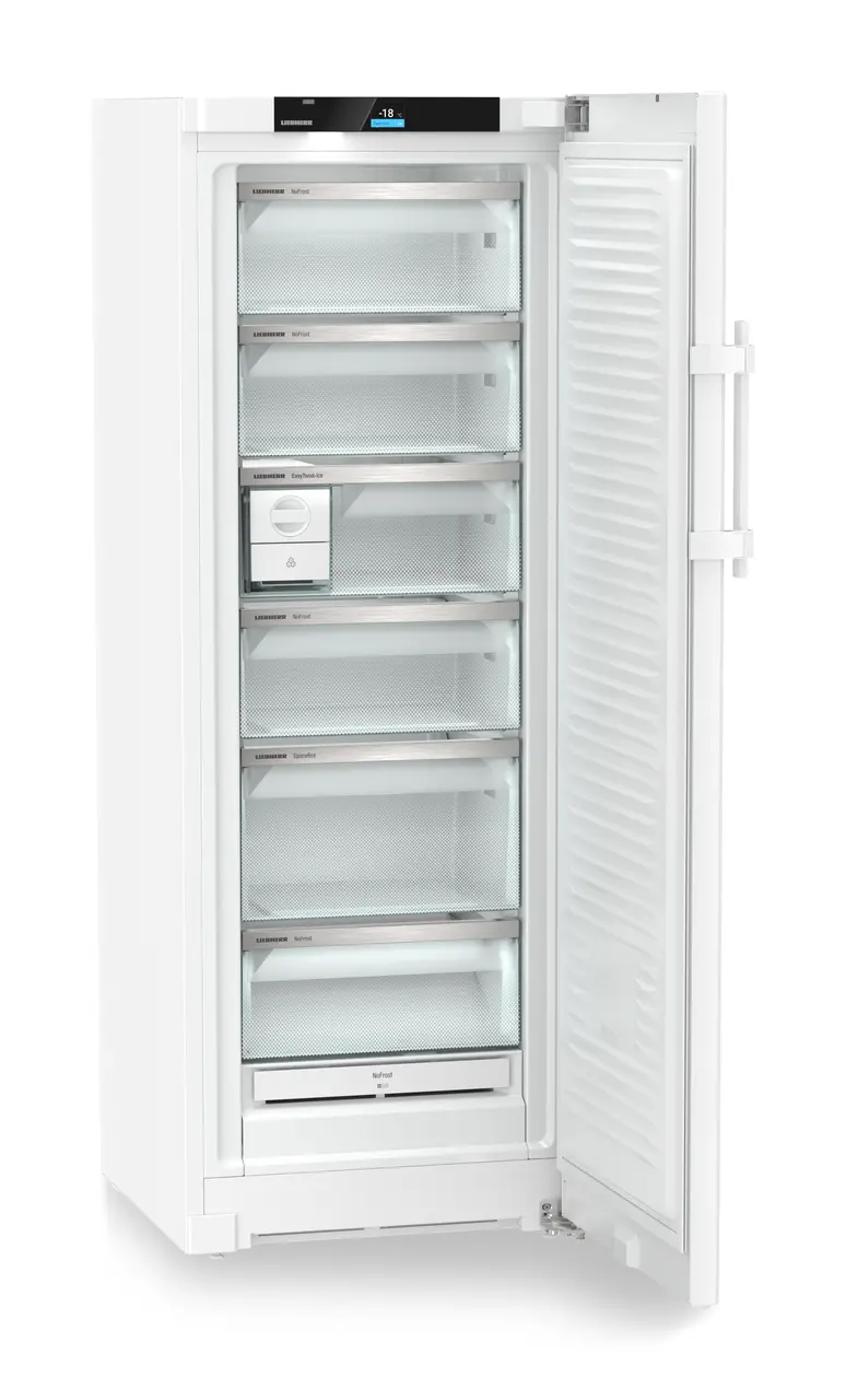 Product image, Perspective: oblique open empty, Freestanding freezer with NoFrost and EasyTwist-Ice, Casing colour: white, Door colour: white