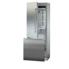 Product image, Perspective: oblique half-open empty, Combined refrigerator-freezer with BioFresh and NoFrost for integrated use, Casing colour: grey