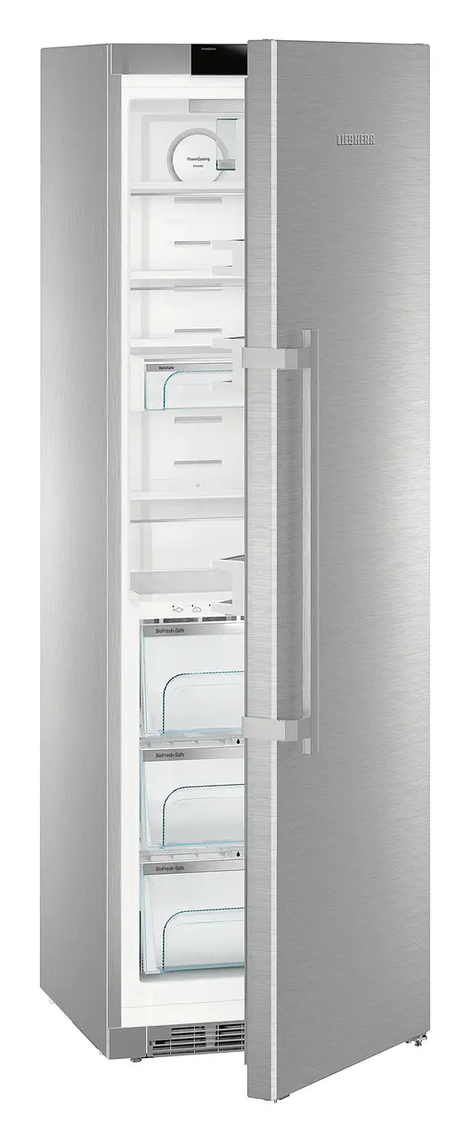 Product image, Perspective: oblique half-open empty, Refrigerator with BioFresh, Casing colour: stainless steel, Door colour: stainless steel