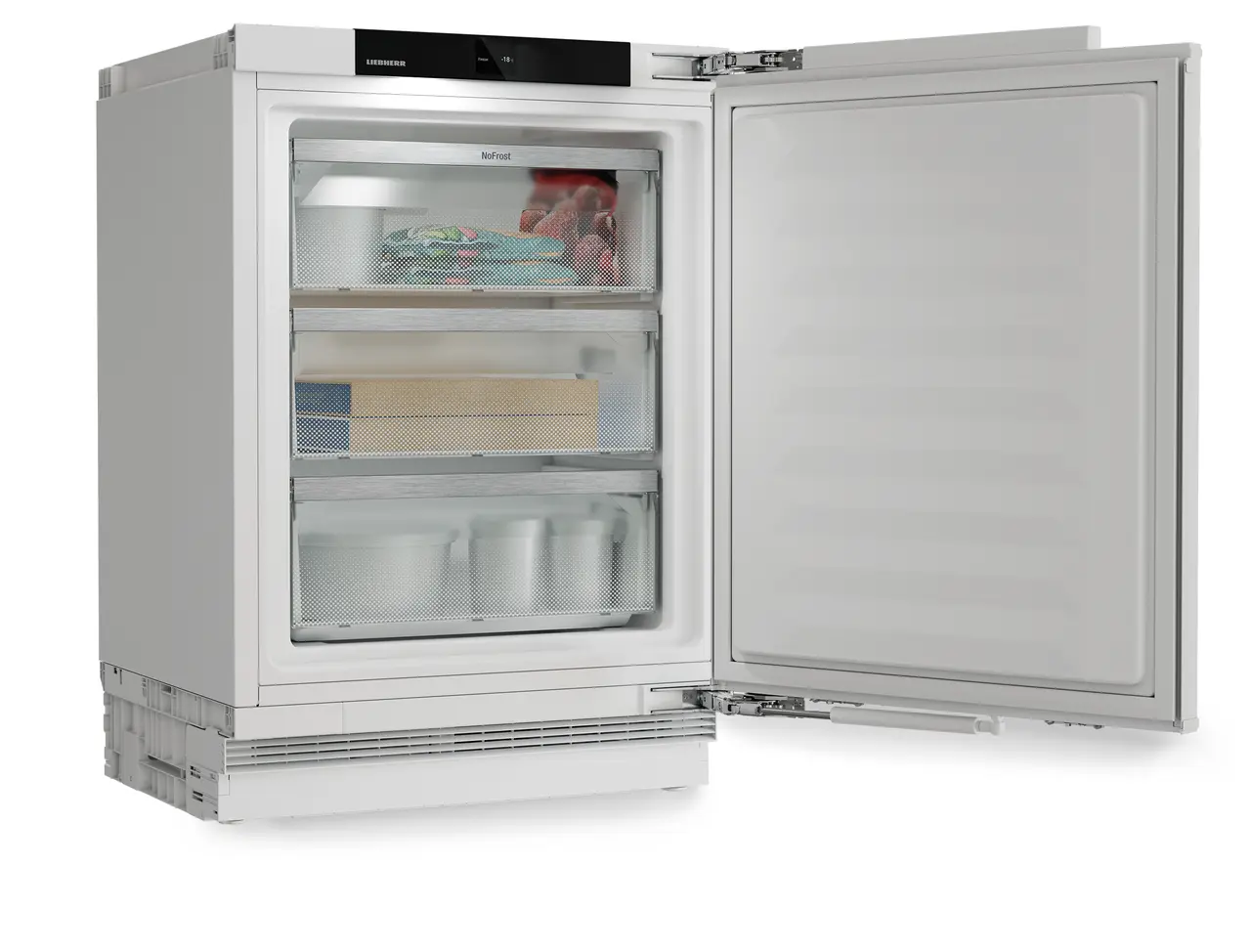 Produkt-Bild, Perspektive: schräg offen dekoriert, Unterbaufähiger Gefrierschrank mit NoFrost