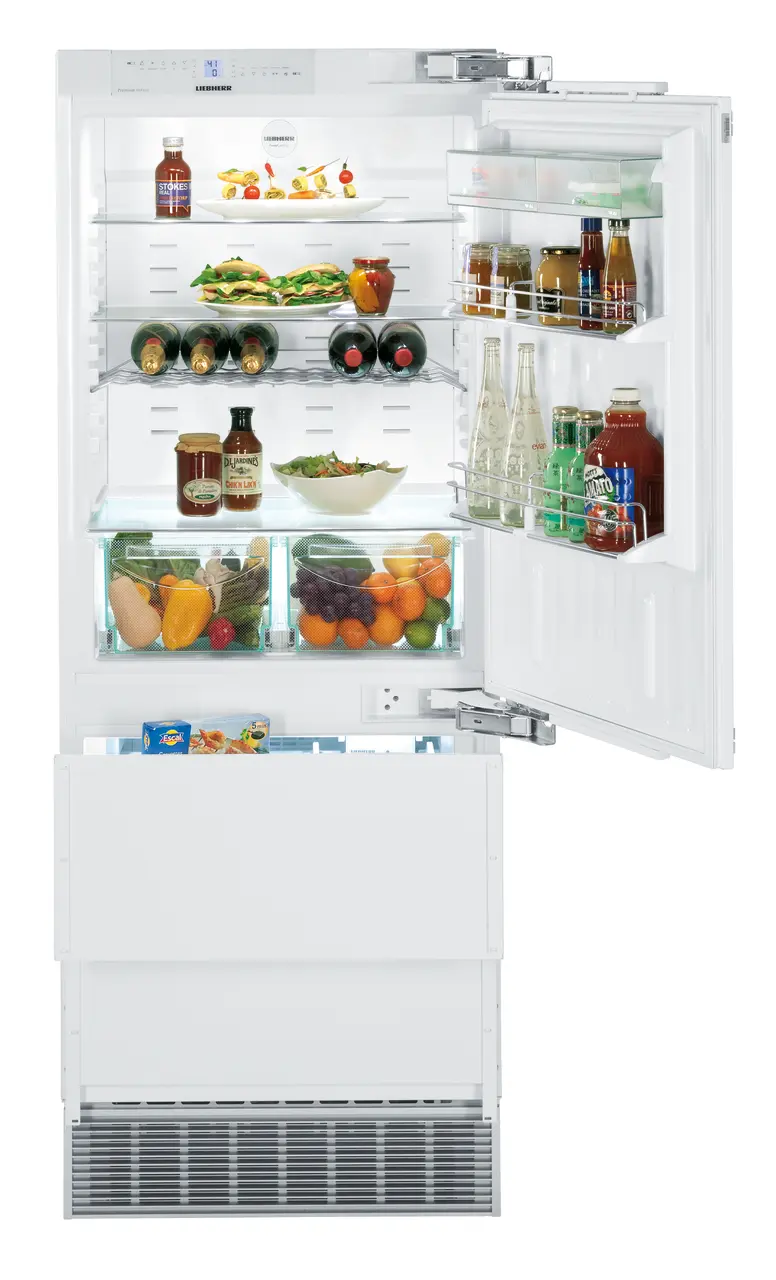 Product image, Perspective: straight open decorated, Combined refrigerator-freezer with NoFrost for integrated use