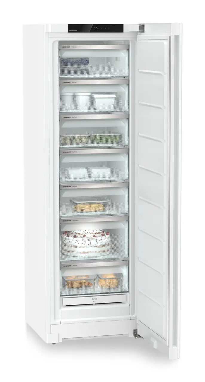 Product image, Perspective: oblique open decorated, Freestanding freezer with NoFrost, Casing colour: white, Door colour: white