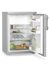 Изображение на продукта, Перспектива: Странично, отворен, отворен с продукти, Малък хладилник с EasyFresh, Цвят на корпуса: фино сребро, Цвят на вратата: благородна стомана