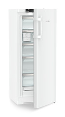 Produkt-Bild, Perspektive: schräg halb offen leer, Standgefrierschrank mit NoFrost und EasyTwist-Ice, Gehäusefarbe: Weiß, Türfarbe: Weiß