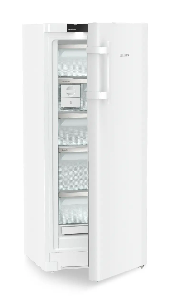 Produkt-Bild, Perspektive: schräg halb offen leer, Standgefrierschrank mit NoFrost und EasyTwist-Ice, Gehäusefarbe: Weiß, Türfarbe: Weiß