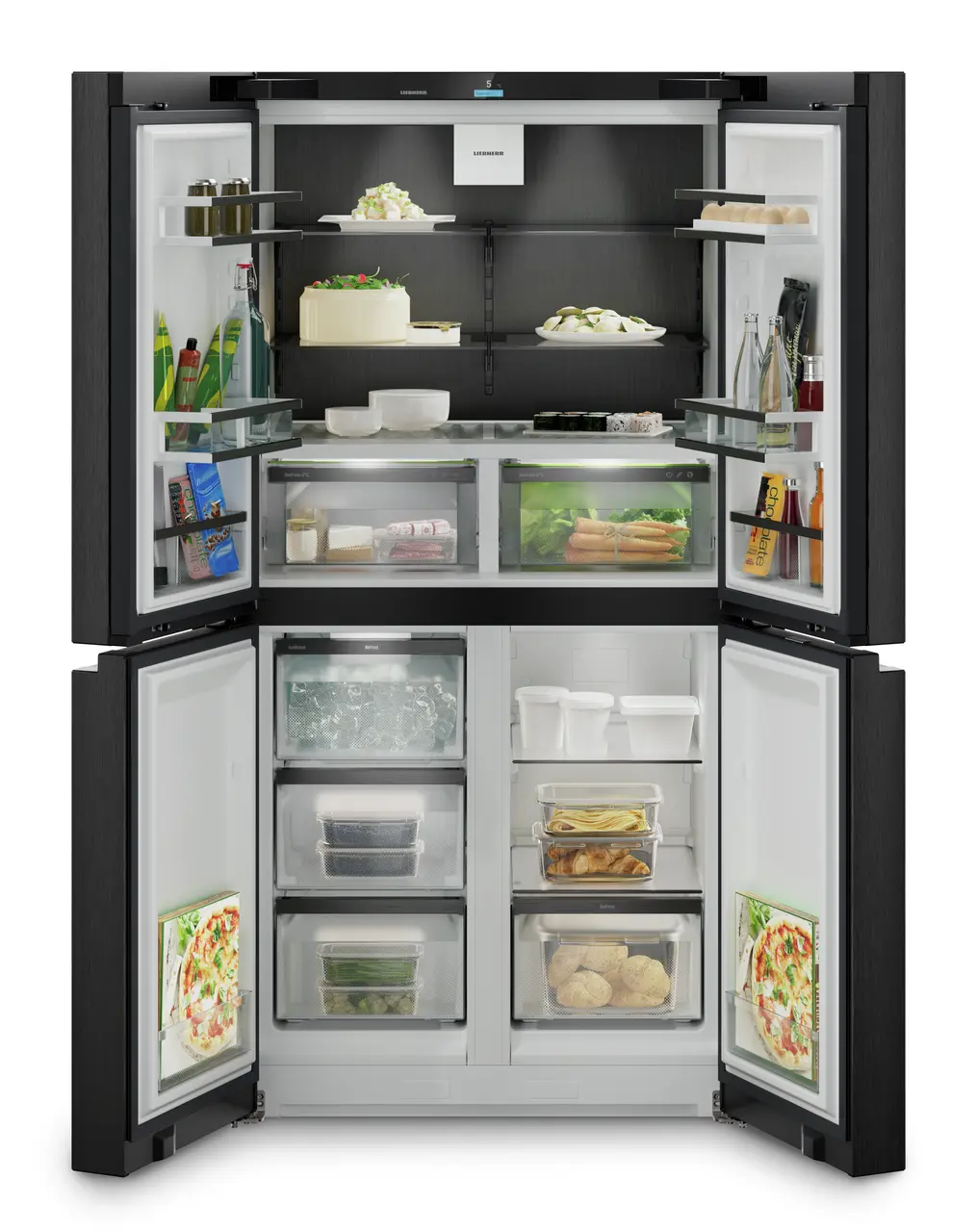 Termékkép, Perspektíva: Egyenes nyitott díszített, 4 ajtós francia ajtós hűtő-fagyasztó jégkészítővel