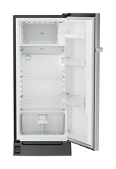 Product image, Perspective: straight open empty, Single-door refrigerator 202 l with foot pedal base drawer and iCoolTouch UI, Casing colour: grey, Door colour: Stainless Steel