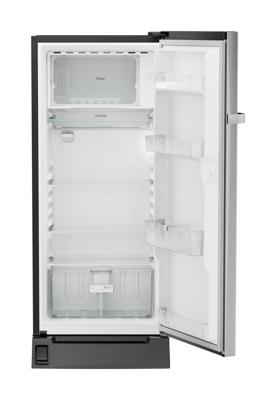 Product image, Perspective: straight open empty, Single-door refrigerator 202 l with foot pedal base drawer and iCoolTouch UI, Casing colour: grey, Door colour: Stainless Steel