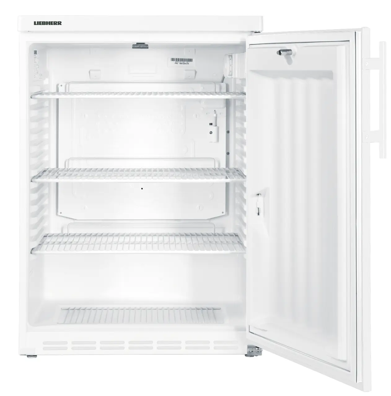Produkt-Bild, Perspektive: gerade offen leer, Unterbaufähiges Kühlgerät mit statischer Kühlung, Gehäusefarbe: Weiß, Türfarbe: Edelstahl