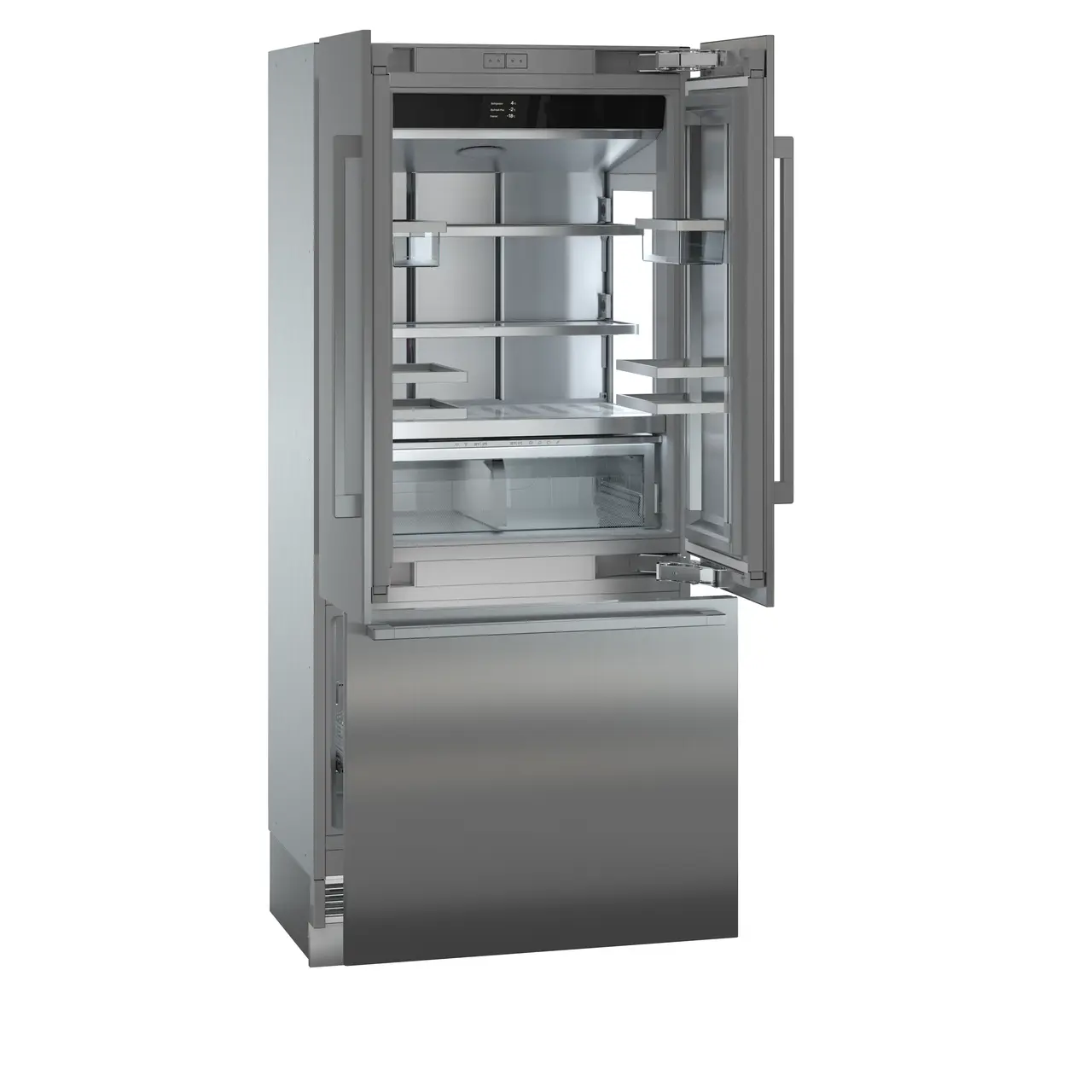 Product image, Perspective: oblique open empty, Combined refrigerator-freezer with BioFresh and NoFrost for integrated use, Casing colour: grey