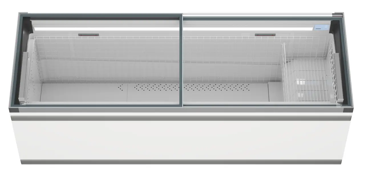 Изображение на продукта, Перспектива: Отпред, затворен, Хладилна и фризерна ракла за супермаркет, Цвят на корпуса: бял