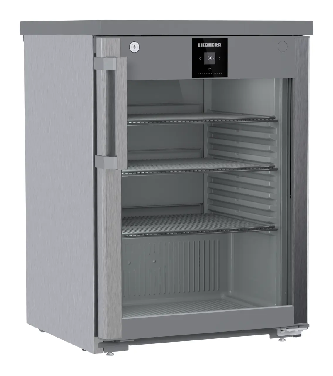 Imagine produs, Perspectivă: Înclinat, închis, gol, Frigider amplasabil sub suprafaţa de lucru cu răcire cu aer de circulaţie, Culoarea carcasei: Inox, Culoarea ușii: Inox