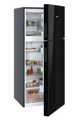 Product image, Perspective: oblique half-open decorated, Fridge-freezer with NoFrost, Casing colour: grey, Door colour: Black Gloss