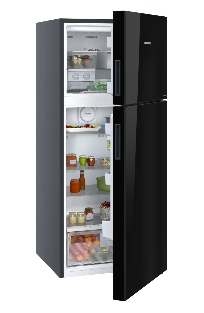 Product image, Perspective: oblique half-open decorated, Fridge-freezer with NoFrost, Casing colour: grey, Door colour: Black Gloss