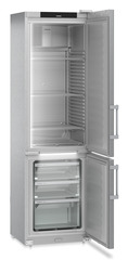 Product image, Perspective: oblique open empty, Combined refrigerator-freezer, Casing colour: stainless steel, Door colour: stainless steel